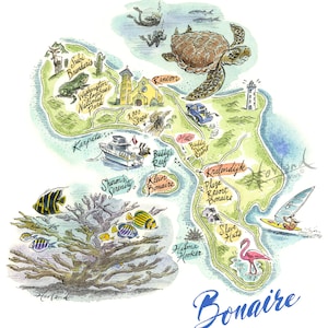 Kleurenprint van Bonaire, het eiland Bonaire, Kaart van Bonaire