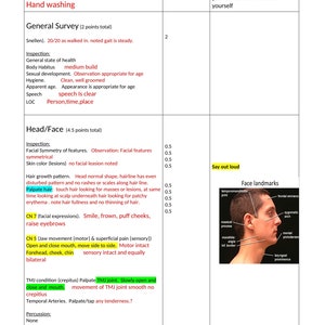 May include: A medical assessment form with a section for head and face examination. The form includes a checklist of features to assess, such as facial symmetry, skin color, hair growth pattern, and facial expressions. The form also includes a diagram of the face with labeled landmarks.