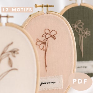 Embroidery calendar - 12 PDF embroidery designs | Hand embroidery pattern - month date minimalist flower birth flower seasonal flower