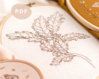 PDF Traditional Embroidery Pattern | Hand embroidery pattern for beginner - minimalist poetic nature autumn winter oak leaves
