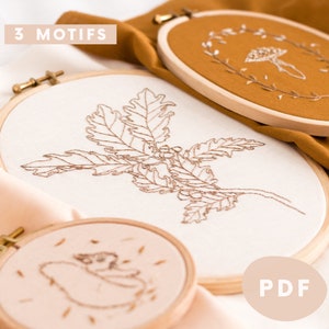 3 traditional embroidery patterns PDF | Hand embroidery design - Autumn winter nature mushroom leaves oak acorn animal squirrel