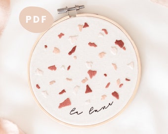 Traditional Embroidery Pattern and PDF Tutorial | Minimalist hand embroidery pattern for beginners - Celestial Abstract Moon Terrazzo