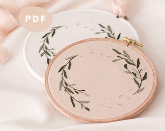 Embroidery Pattern and PDF Tutorial | Hand embroidery pattern for beginners - Plant wreath leaves flowers spring birth gift