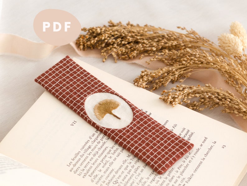 Embroidery Pattern and PDF Tutorial Hand embroidery pattern autumn yellow ginkgo leaf bookmark image 1