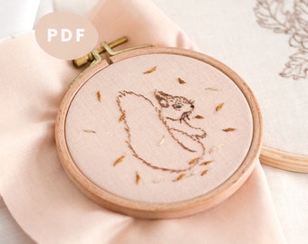 PDF Traditional Embroidery Pattern | Hand embroidery pattern for beginner - minimalist poetic nature squirrel leaves autumn winter