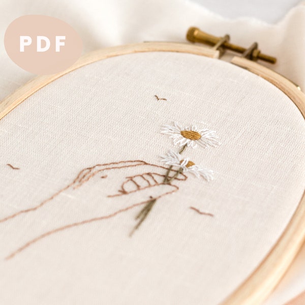 Modèle de broderie traditionnelle PDF | Motif à broder à la main pour débutant - Nature poétique Fleur minimaliste Marguerite Oiseaux été