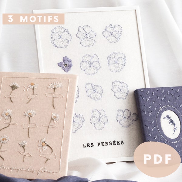 3 modèles de broderie traditionnelle PDF | Motif à broder à la main - fleur séchée herbier minimaliste printemps pâquerette pensée myosotis