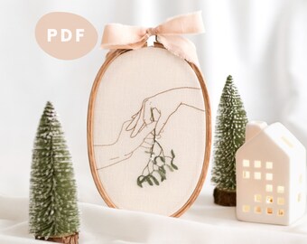 Traditional Embroidery Pattern PDF | Hand embroidery pattern - Minimalist plant pattern Hands Mistletoe Christmas Poetic New Year