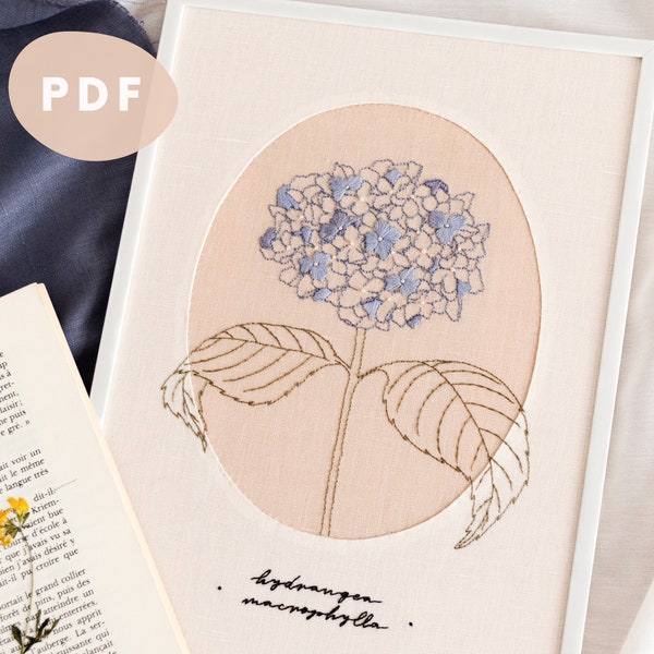 Modèle de broderie et tutoriel PDF | Motif à broder à la main pour débutant - fleur hortensia minimaliste printemps été