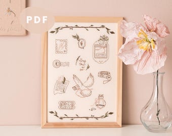 Traditionelles Stickmuster (PDF) | Handstickerei-Design – Motive: Pflanzenstempel, Vogel, Briefmarke