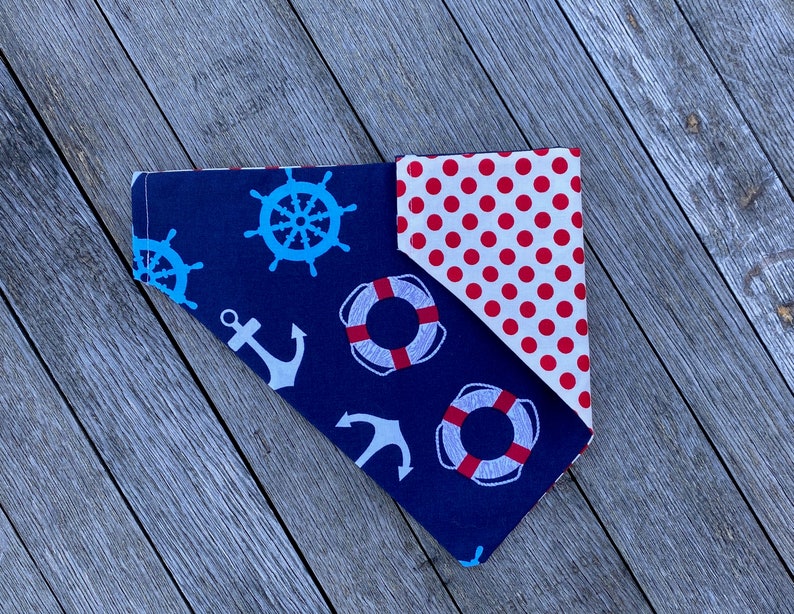 Reversible Over the Collar nautical /& red polka dots DOG bandana Customizable