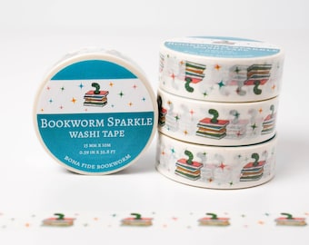 Bookworm Sparkle Washi Tape | Bookish Washi Tape | Literary Washi Tape | Book-themed Washi Tape | Washi Tape for Journaling