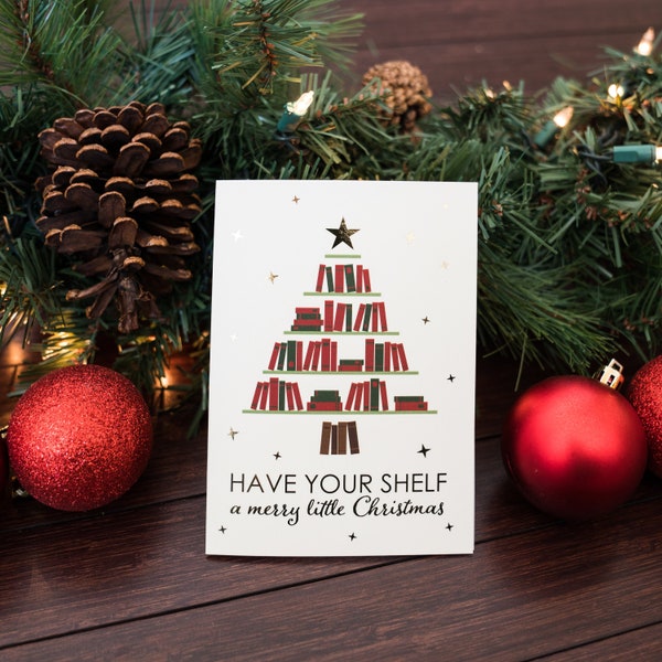 Rendi il tuo scaffale un allegro piccolo biglietto di Natale / Biglietti di Natale per amanti dei libri / Biglietti di Natale per amanti dei libri / Biglietti di Natale in lamina d'oro