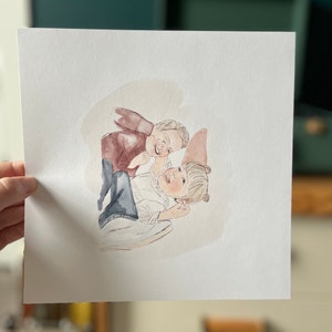 Aangepast schilderij van foto, *Met achtergrond*, Aquarel, Tekening van foto, Geïllustreerd portret, Anonieme portretafdruk