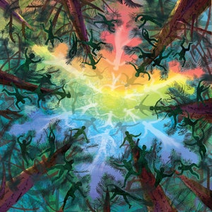 Tarjeta de arte de la naturaleza, diversidad, unión, comunidad, arco iris, arte de árbol, tarjeta de felicitación, tarjeta en blanco, causa de salud mental, conservación de senderos