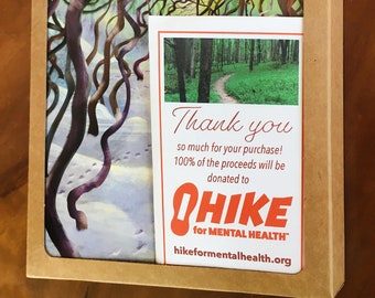 Holiday art card 12-pack, nature, laurels, animals, hiking trail, mental health cause, trail conservancy