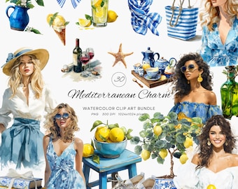 Może przedstawiać: Pakiet clipartów akwarelowych zatytułowany "Mediterranean Charm" z różnymi ilustracjami. Zawiera obrazy kobiet, cytryn, napojów, szalika, torby i innych elementów w stylu śródziemnomorskim.