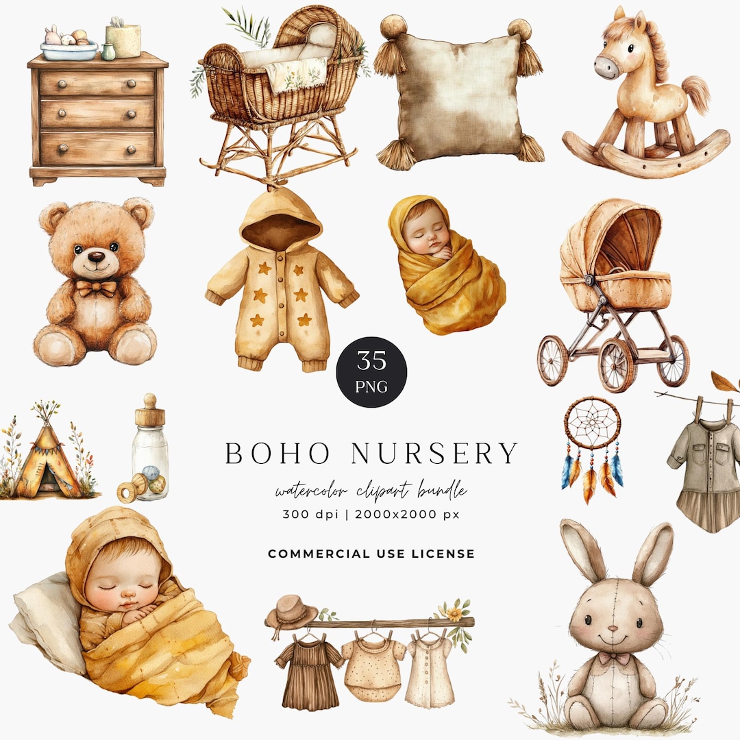 Boho Nursery Clipart Set: Watercolor Teddy Bear Illustrations (PNG) - Etsy