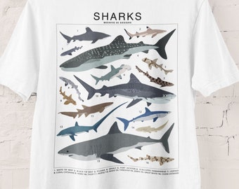 Sharks Species ID Chart T-Shirt, Ocean animal Marine life tee, Underwater Ocean lover Marine biology gift, Scuba diver Coral reef