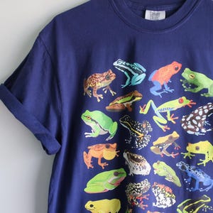 May include: A navy blue short-sleeve t-shirt featuring a colourful graphic print of various frog species in different sizes and patterns, including green, yellow, orange, and blue frogs. The shirt has a crew neckline and rolled sleeves.