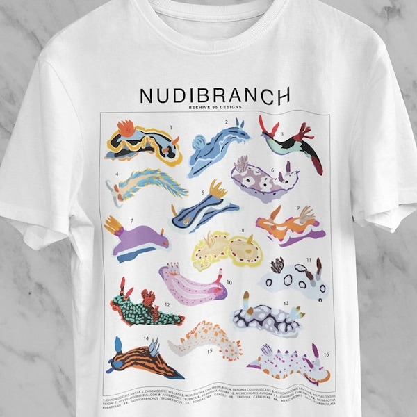 Nudibranche Sea Slug Species ID Chart T-Shirt, Ocean animal Marine life tee, Underwater Ocean lover Marine biologie gift, Scuba Diver Reef