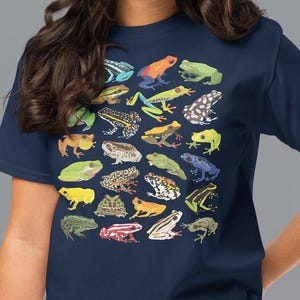 May include: A navy blue short-sleeved t-shirt featuring a graphic print of various frog species in multiple colours including yellow, green, orange, blue, and black. The frogs are arranged in a grid-like pattern across the centre of the chest.