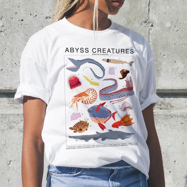 Abyss Creatures ID Chart T-Shirt, Mysterious deep-sea fish tee, Oceanic marine life, Unique abyssal diver sea life