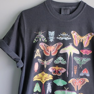 Peut inclure: Un t-shirt gris anthracite à manches courtes avec une impression graphique de diverses espèces de papillons de nuit dans des tons jaune, rose, vert, orange et blanc. Le t-shirt a un col rond, des manches retroussées et une étiquette Comfort Colors.