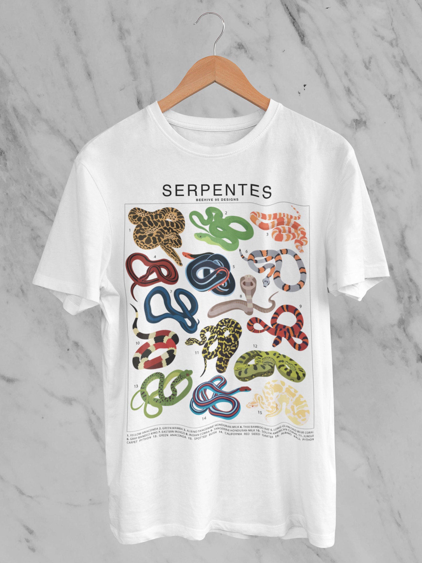 Beehive95Designs Serpentes Snake Species Varieties ID T-Shirt, Reptile Serpent Tee, Snake Lover Gift, Nature Wildlife Graphic Tee, Exotic Jungle