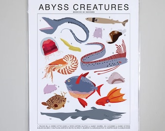 May include: A colorful illustrated poster featuring 14 different deep sea creatures, including a pelican eel, cookie cutter shark, paper lantern jellyfish, and a goblin shark. The poster is titled "Abyss Creatures" and includes the text "Beehive 95 Designs".