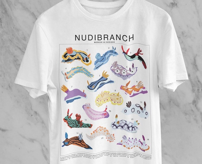 Nudibranch Sea Slug Species ID Chart T-Shirt, Ocean animal Marine life tee, Underwater Ocean lover Marine biology gift, Scuba diver reef image 1