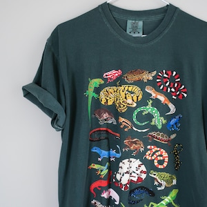 Puede incluir: Camiseta verde oscuro con un gráfico colorido de varios reptiles y anfibios. El diseño incluye lagartos, serpientes, ranas y tortugas en colores vibrantes. La camiseta tiene cuello redondo y mangas cortas.