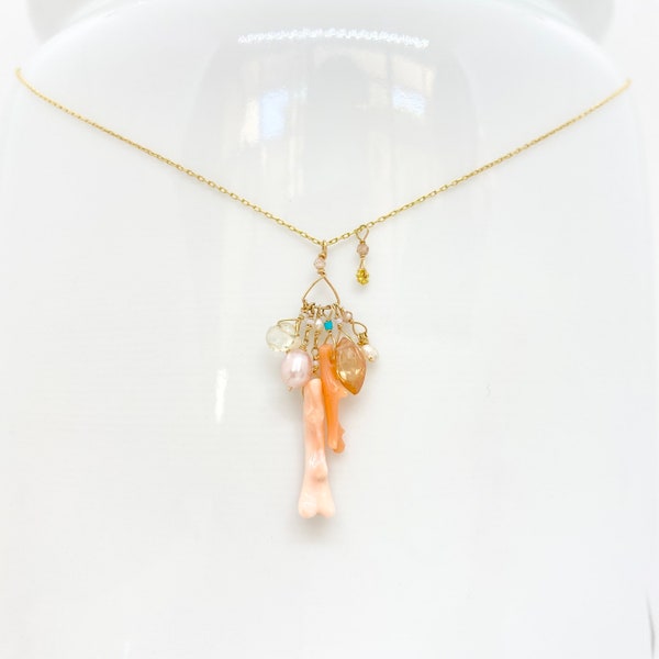 14k Gold Chain Necklace w/ 18k Gold Daisy, Coral, Freshwater Pearls, Cubic Zirconia, Quartz, Opal & Antique Italian Beads