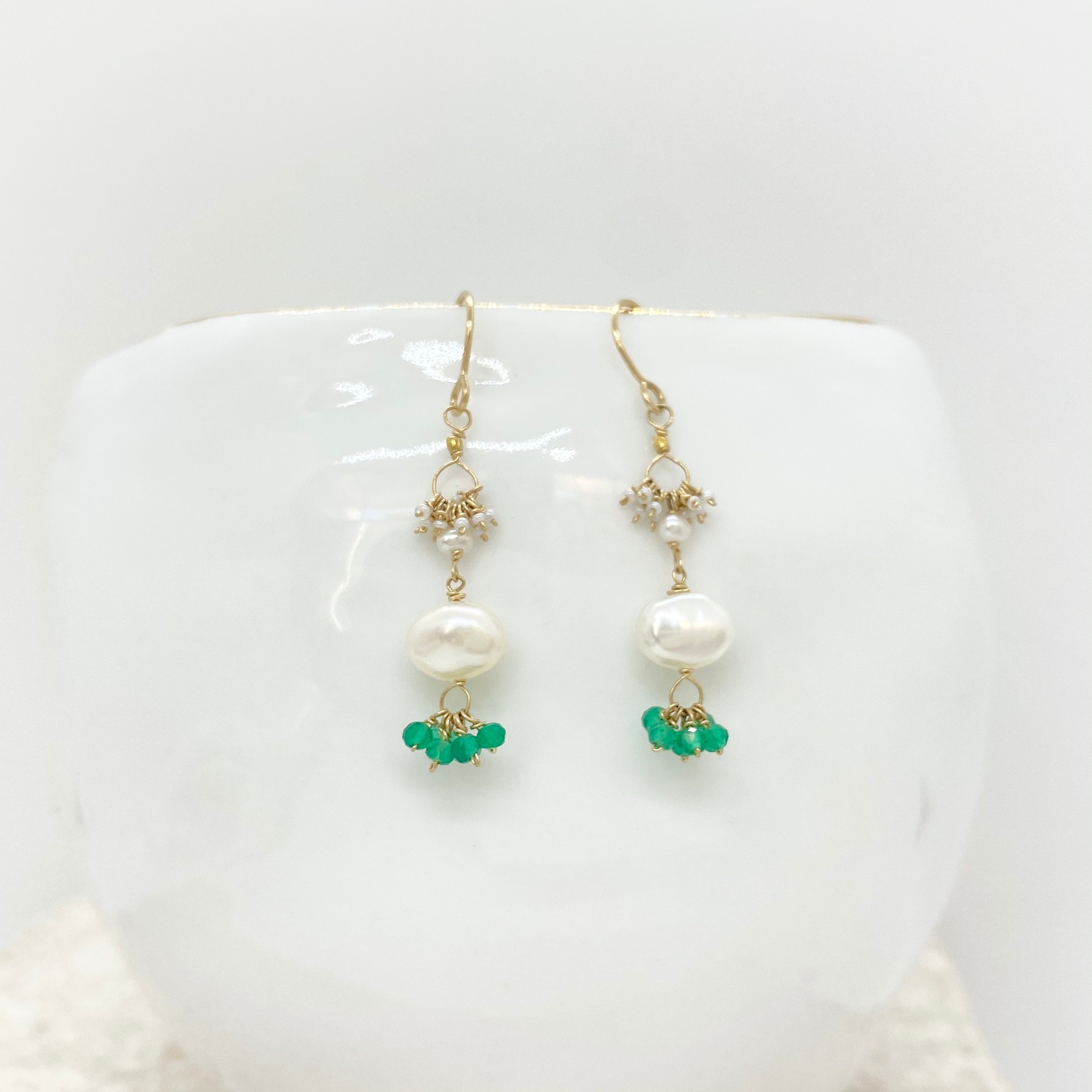 White Freshwater Pearls & Kyanite Gemstones 14ct Rolled Gold Earrings 