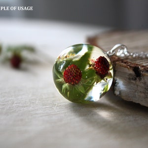 May include: A silver chain necklace with a clear glass pendant containing two red berries and green leaves.