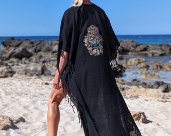Nici Couture IBIZA Kimono black Hand of Fatima gold Robe Oversize Coat Kaftan Swarovski crystals Hamsra