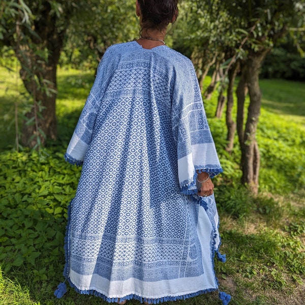 NiCi COUTURE Ibiza kimono oversize dress long white - blue tunic cotton folklore kaftan boho robe beige fringes meditation poncho ethnic