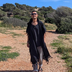 NiCi Couture MEN Pali Kimono IBIZA lang Fransen Kaftan boho Poncho Mantel uni schwarz gipsy Cardigan Herren Robe Festival