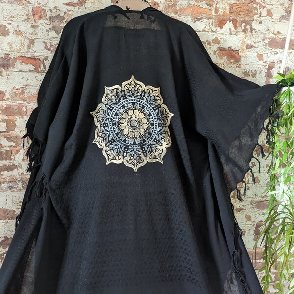 Nici Couture IBIZA kimono black mandala flower gold/silver robe oversize coat kaftan Swarovski crystals