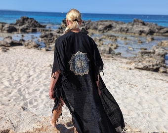 Nici Couture IBIZA Kimono schwarz Mandala flower gold/Silber Robe Oversize Mantel Kaftan Swarovski Kristalle