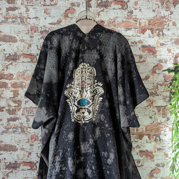 NiCi COUTURE Ibiza Oversize batik kimono S - XL black tunic poncho brown Hand of Fatima gray with Swarovski crystals kaftan robe boho