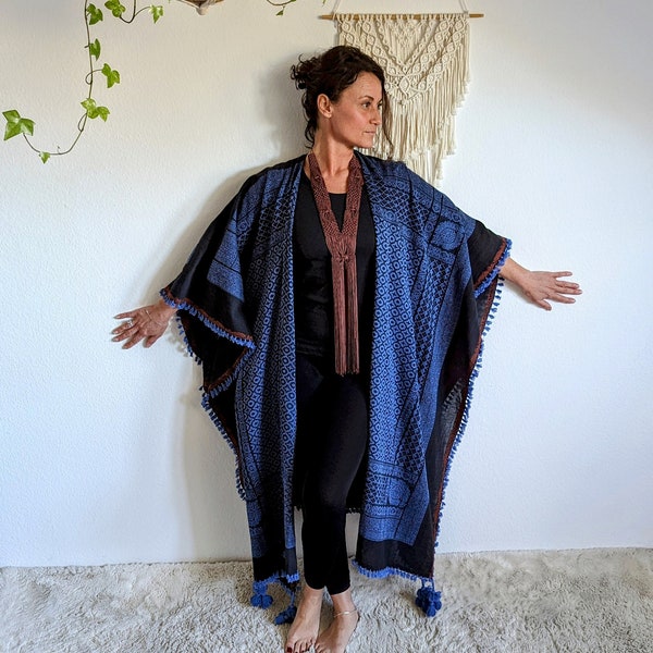 NiCi COUTURE Ibiza kimono oversize dress long black - blue tunic cotton folklore kaftan boho robe brown fringes gipsy poncho ethnic