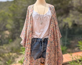 NiCi COUTURE Ibiza Kimono Oversize Ethno Robe floral UPCYCLING sari rosé Folklore Tunika blau Kaftan flower pastell Kleid creme Sarong