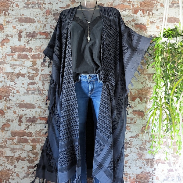 NiCi COUTURE Pali Kimono IBIZA long fringed kaftan boho maxi dress poncho black coat gray - blue dress robe gipsy