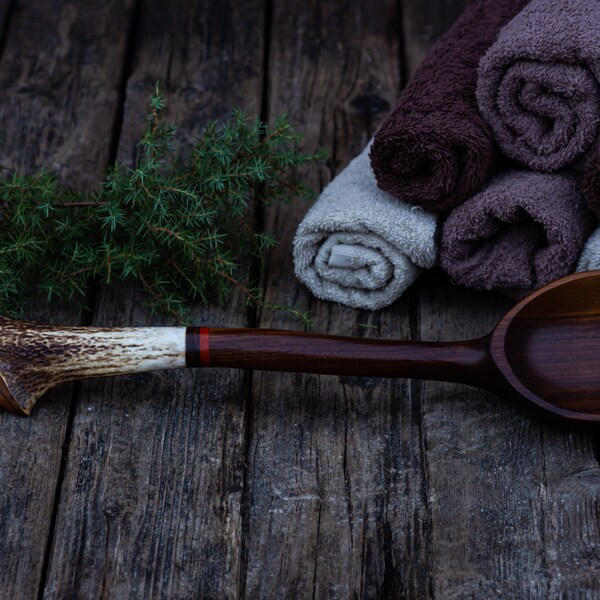 Exclusive Wooden Sauna Ladle With A Deer Antler. Sauna gift. Sauna accessories.
