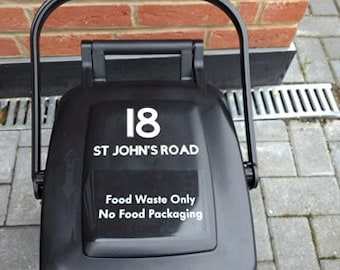 Custom White Vinyl House Number & Street Name Label - Food Waste Bin