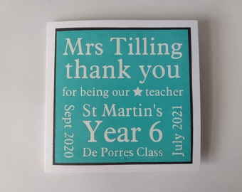 Thank you card for teacher or teaching assistant, personalised, custom made, blank inside for own message, envelope included