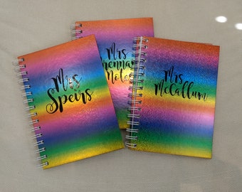 Personalised A4 and A5 lined notebooks available in a variety of colours