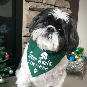 May include: A white and black dog wearing a green bandana with the text "Dear Santa, I can explain!" The dog is sitting in front of a small Christmas tree with red and green ornaments.