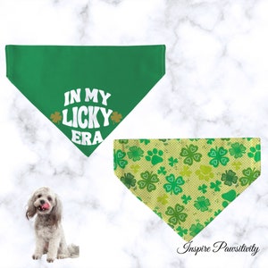 May include: Two green and gold dog bandanas. One bandana has the text "In My Lucky Era" in white. The other bandana has a pattern of green shamrocks and paw prints on a gold background.